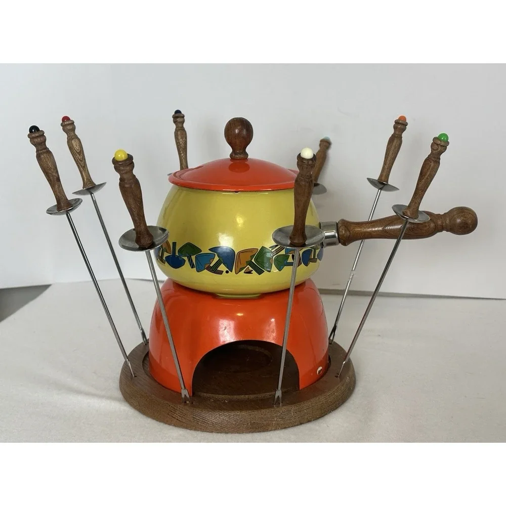 Vtg Fondue Set Wood Stand Forks Enamel Pot Mushroom Mid Century MCM‎ Kitchen